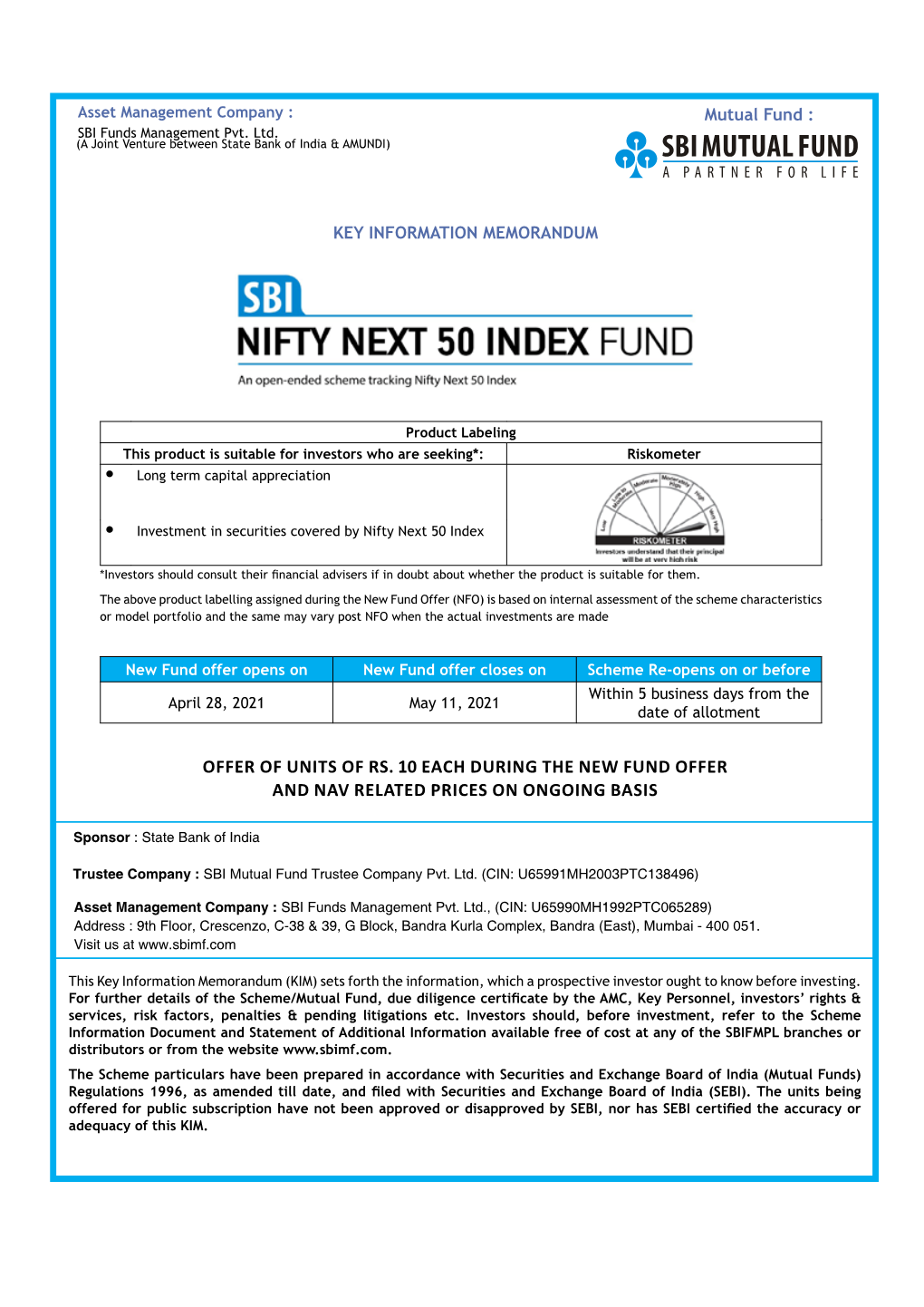 SBI Nifty Next 50 Index Fund (An Open-Ended Scheme Tracking Nifty Next 50 Index)