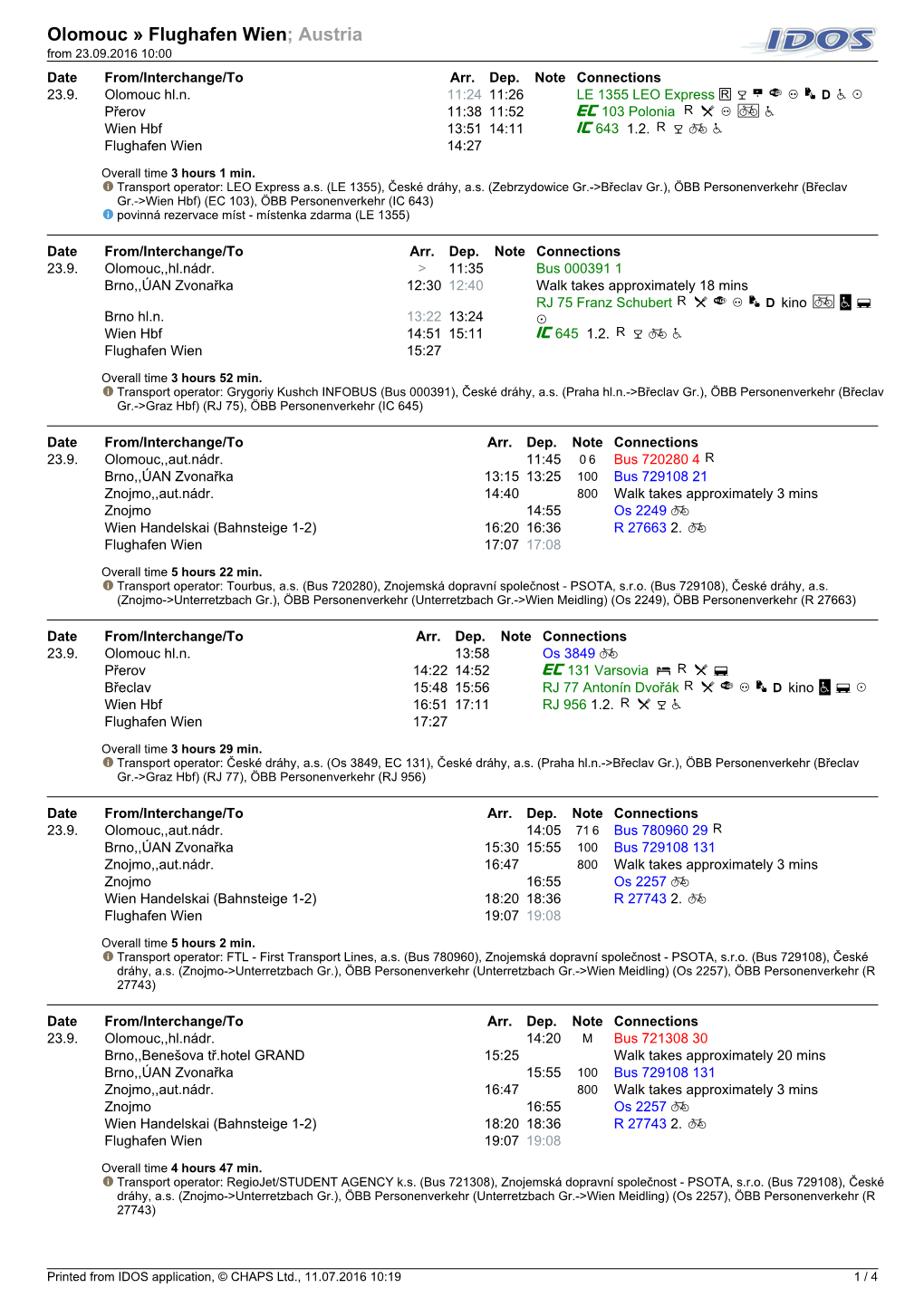 Olomouc » Flughafen Wien; Austria from 23.09.2016 10:00 Date From/Interchange/To Arr