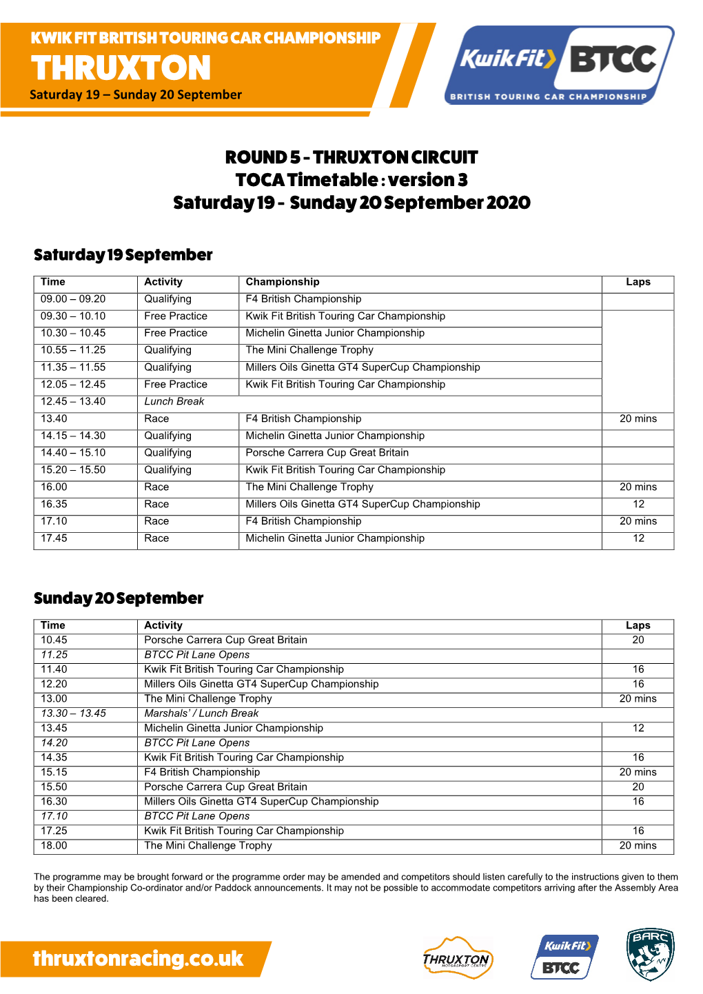 THRUXTON Saturday 19 – Sunday 20 September