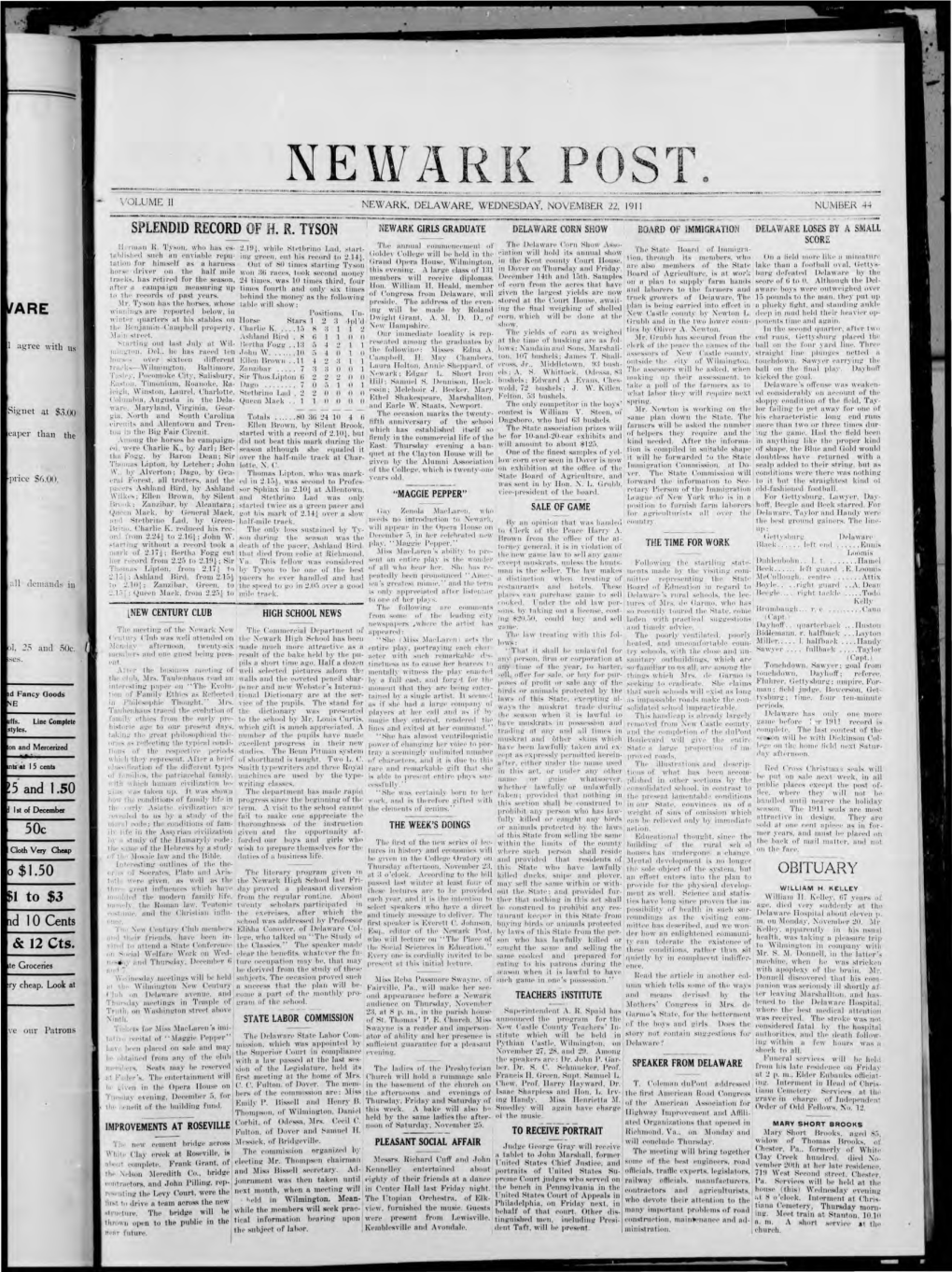 Newark, Delaware, Wednesday, November 22, 1911