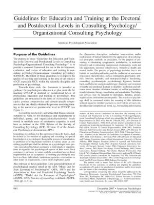 Guidelines for Education and Training at the Doctoral and Postdoctoral Levels in Consulting Psychology/ Organizational Consulting Psychology