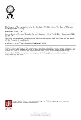 The Process of Incorporation Into the Capitalist World-System: the Case of China in the Nineteenth Century Author(S): Alvin Y