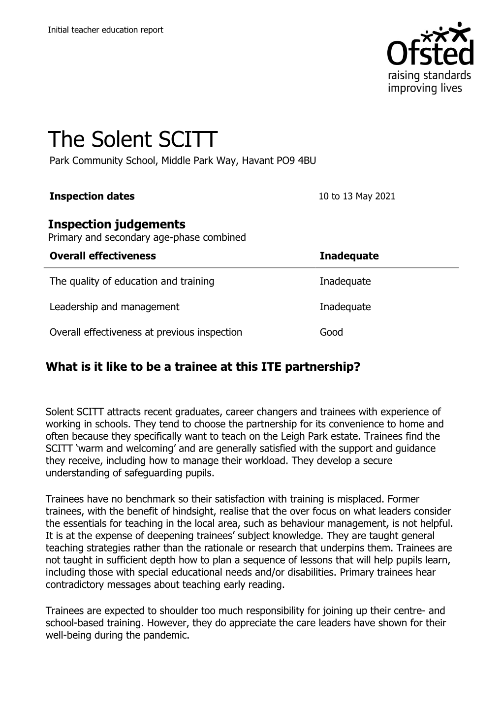 The Solent SCITT Park Community School, Middle Park Way, Havant PO9 4BU