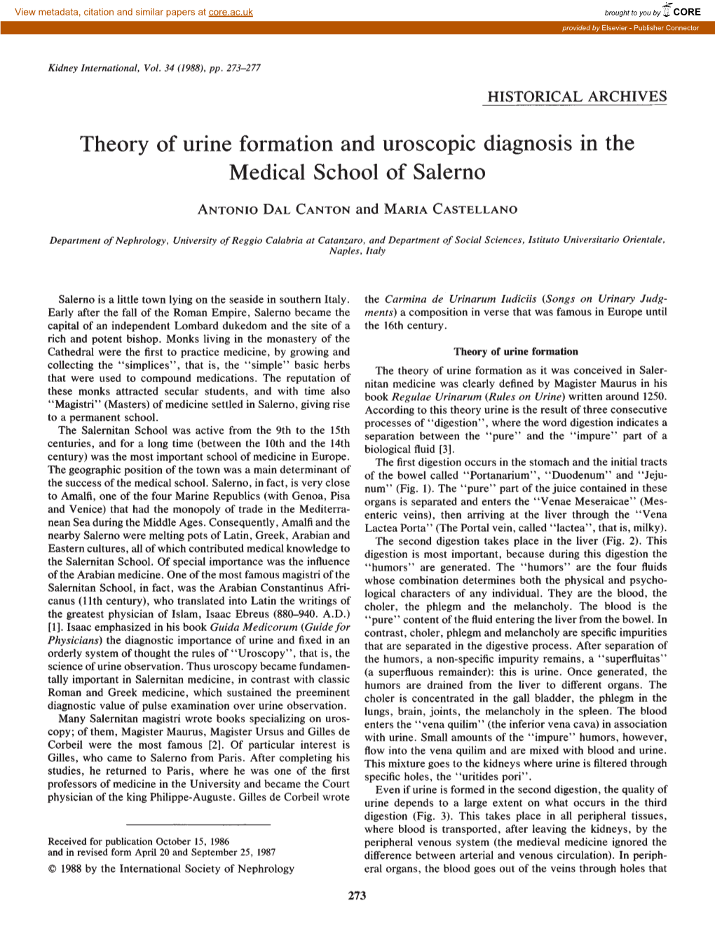 Theory of Urine Formation and Uroscopic Diagnosis in the Medical School of Salerno