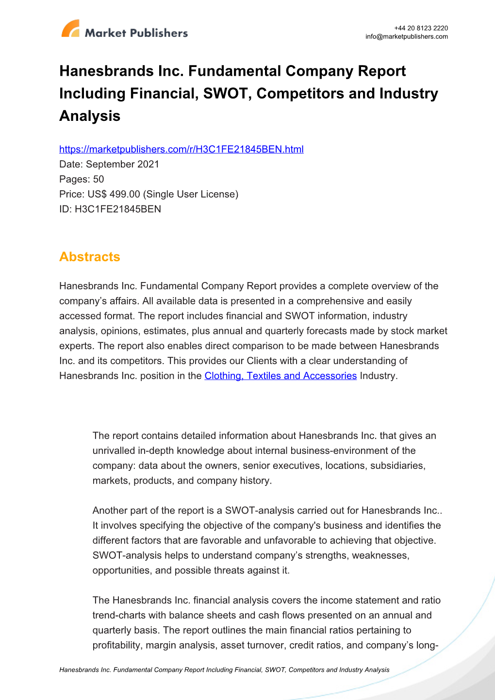 Hanesbrands Inc. Fundamental Company Report Including