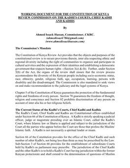 Working Document for the Constitution of Kenya Review Commission on the Kadhi's Courts, Chief Kadhi and Kadhis