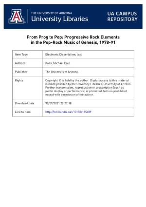 PROGRESSIVE ROCK ELEMENTS in the POP-ROCK MUSIC of GENESIS, 1978-91 by Michael Paul Koss