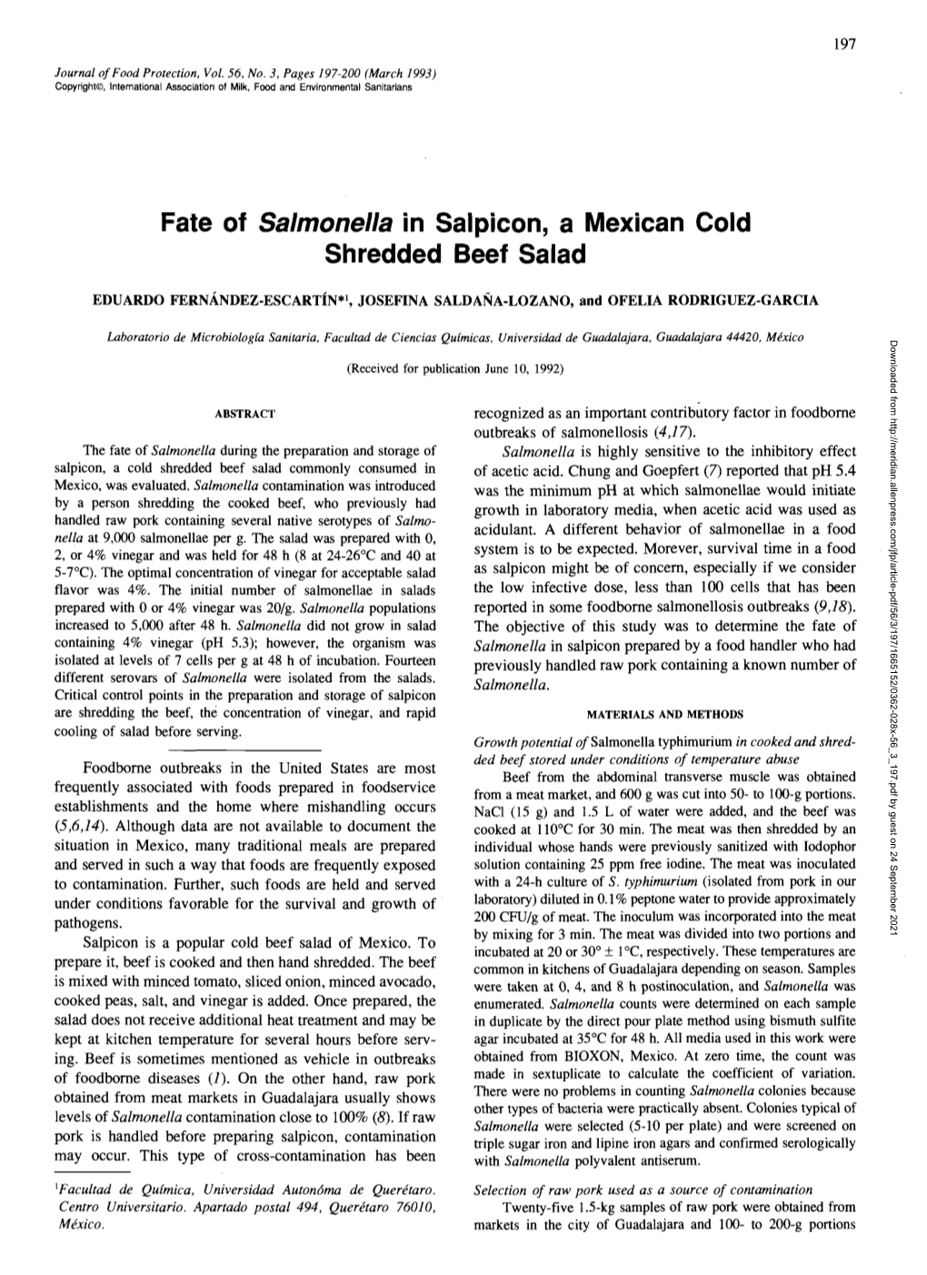 Fate of Salmonella in Salpicon, a Mexican Cold Shredded Beef Salad