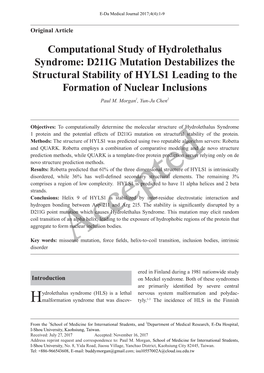 Computational Study of Hydrolethalus Syndrome: D211G Mutation Destabilizes the Structural Stability of HYLS1 Leading to the Formation of Nuclear Inclusions Paul M