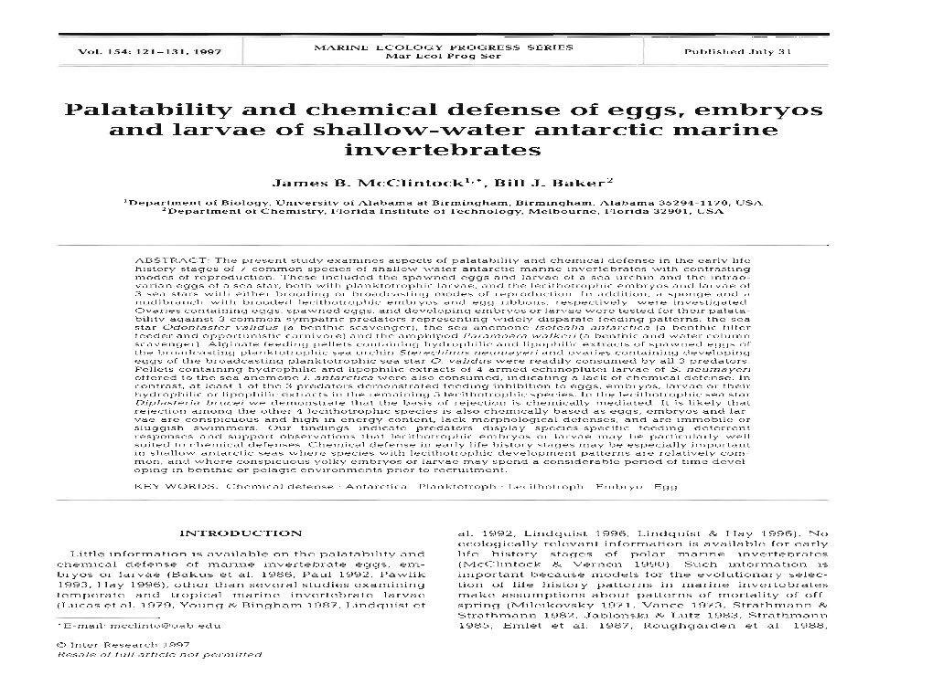 Palatability and Chemical Defense of Eggs, Embryos and Larvae of Shallow-Water Antarctic Marine Invertebrates