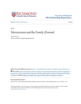 Mormonism and the Family (Forum) Terryl Givens University of Richmond, Tgivens@Richmond.Edu