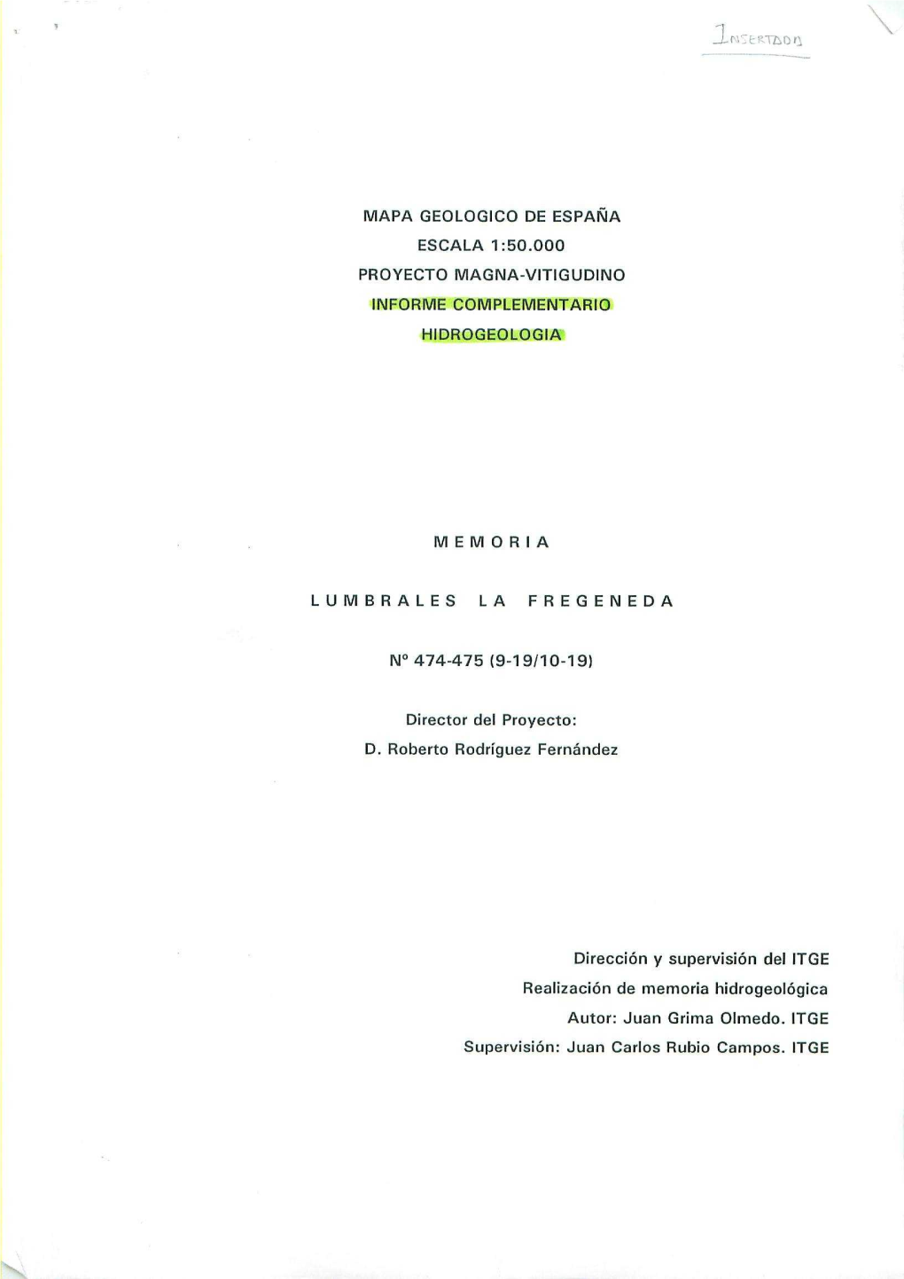 Escala 1 : 50.000 Proyecto Magna - Vitigudino Informe Complementario Hidrogeologia