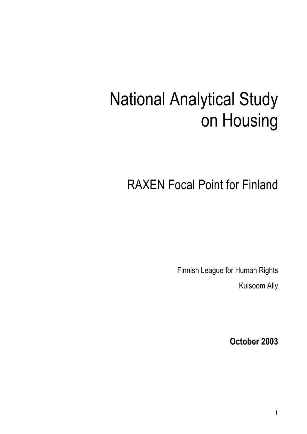 National Analytical Study on Housing