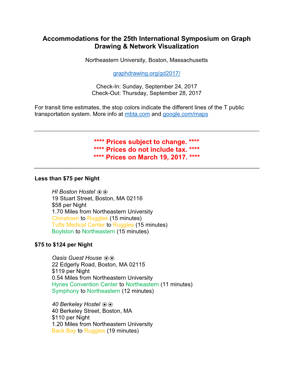 Accommodations for the 25Th International Symposium on Graph Drawing & Network Visualization