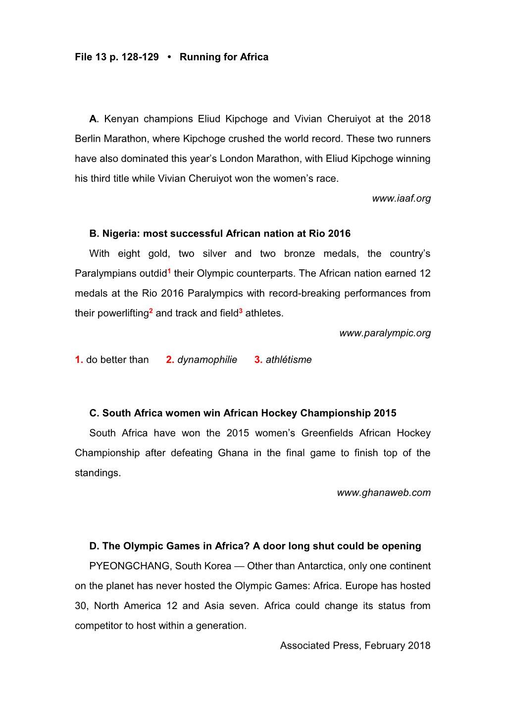 File 13 P. 128-129 • Running for Africa A. Kenyan Champions Eliud