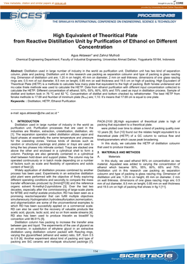 High Equivalent of Theoritical Plate from Reactive Distillation Unit by Purification of Ethanol on Different Concentration