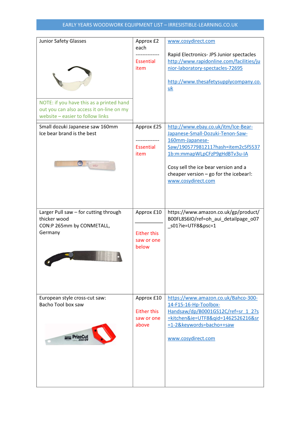 Early Years Woodwork Equipment List – Irresistible-Learning.Co.Uk