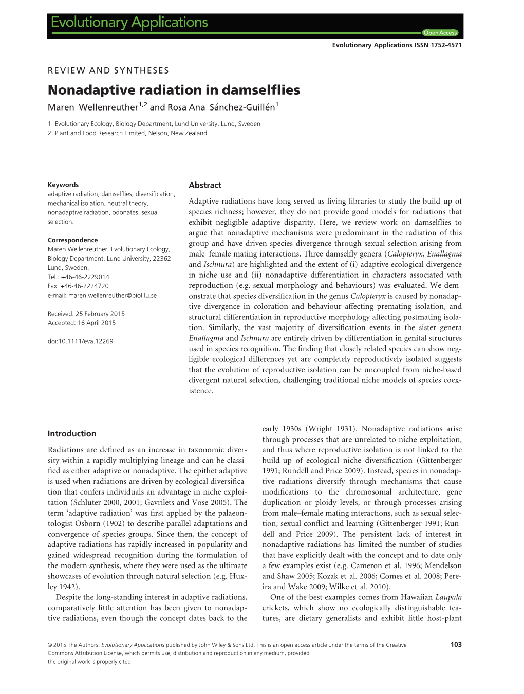 Nonadaptive Radiation in Damselflies