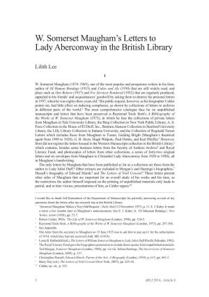 W. Somerset Maugham's Letters to Lady Aberconway in the British Library