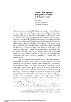 Toward a New Diplomatic History of Medieval and Early Modern Europe