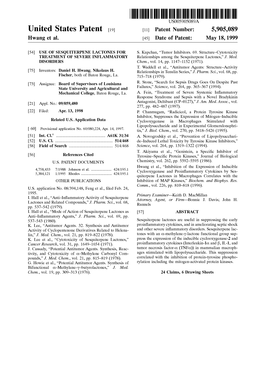 United States Patent (19) 11 Patent Number: 5,905,089 Hwang Et Al