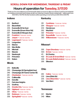 Hours of Operation for Tuesday, 3/17/20