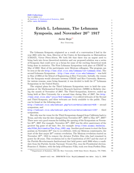 Erich L. Lehmann, the Lehmann Symposia, and November 20Th 1917 3