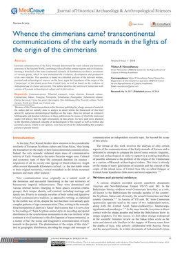Whence the Cimmerians Came? Transcontinental Communications of the Early Nomads in the Lights of the Origin of the Cimmerians