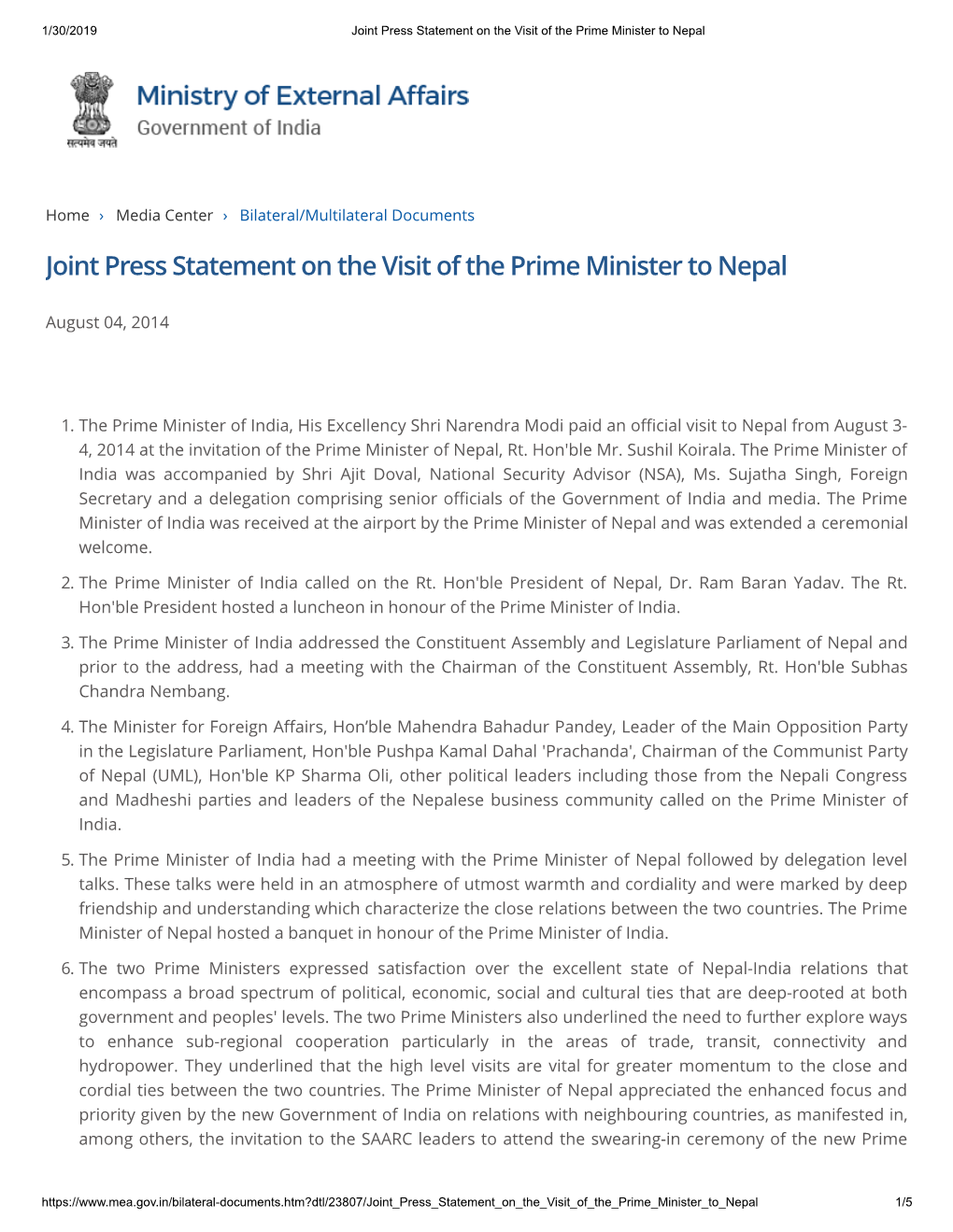 Joint Press Statement on the Visit of the Prime Minister to Nepal