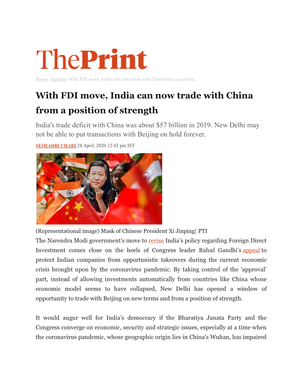 With FDI Move, India Can Now Trade with China from a Position of Strength India's Trade Deficit with China Was About $57 Billion in 2019