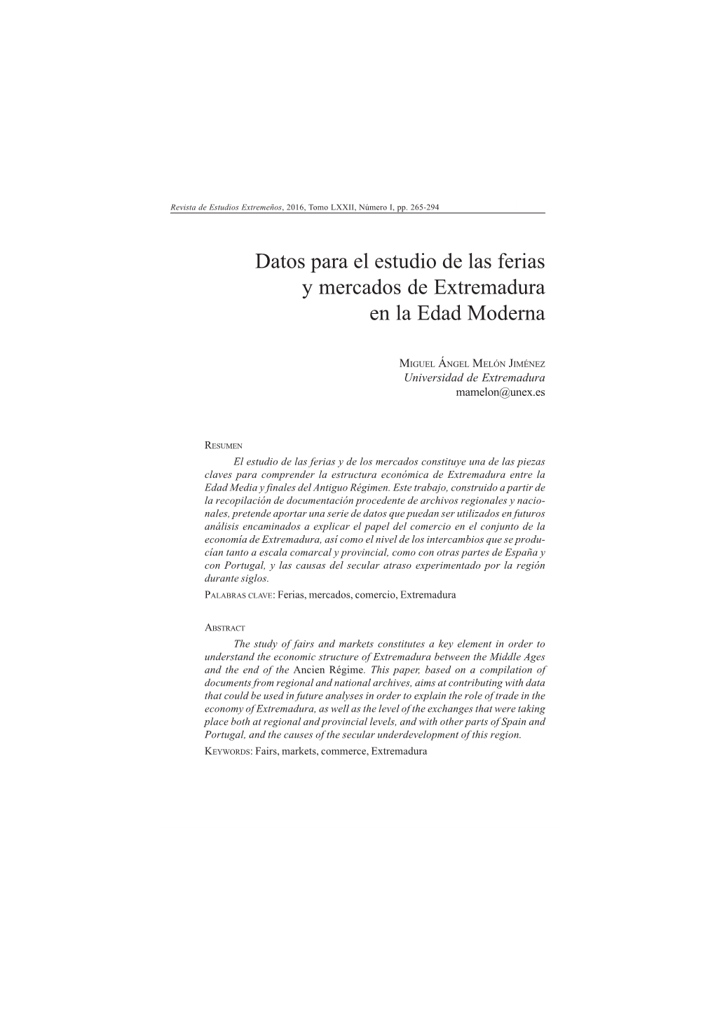 Datos Para El Estudio De Las Ferias Y Mercados De Extremadura En La Edad Moderna