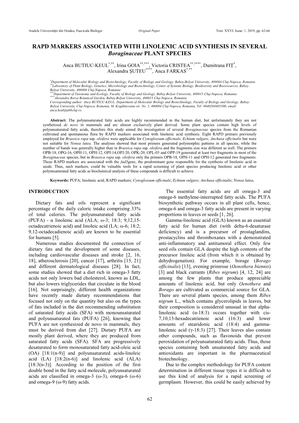 RAPD MARKERS ASSOCIATED with LINOLENIC ACID SYNTHESIS in SEVERAL Boraginaceae PLANT SPECIES