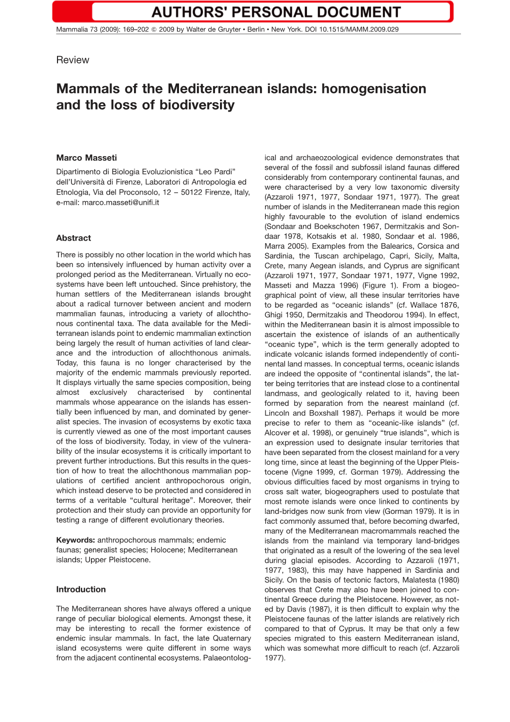 Mammals of the Mediterranean Islands: Homogenisation and the Loss of Biodiversity