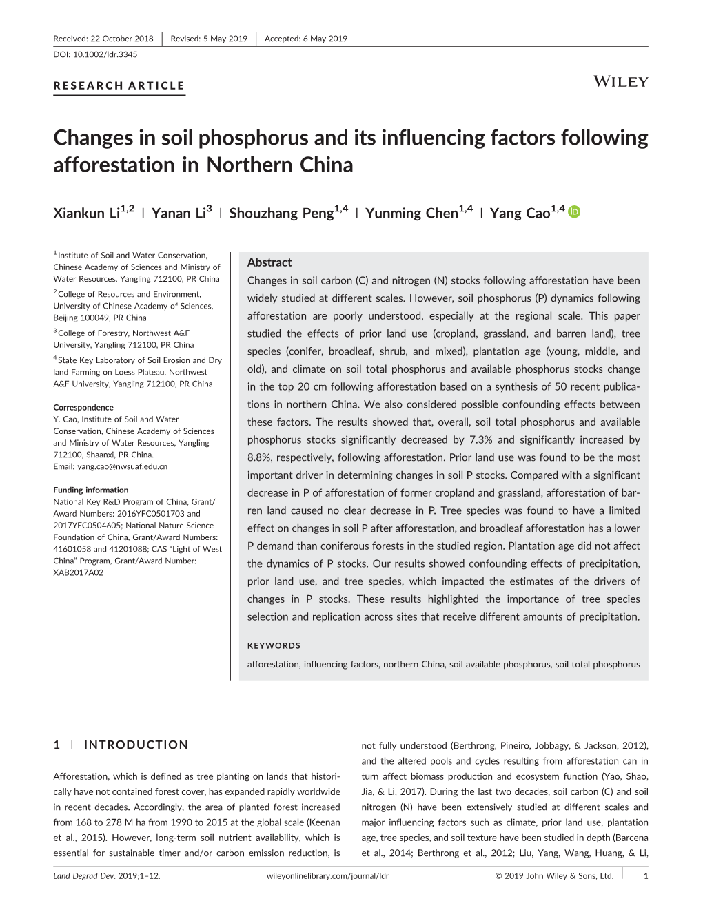 Changes in Soil Phosphorus and Its Influencing Factors Following Afforestation in Northern China