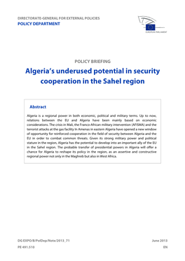 Algeria's Underused Potential in Security Cooperation in the Sahel