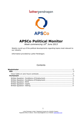 Apsco Political Monitor Week Commencing 10Th June 2013