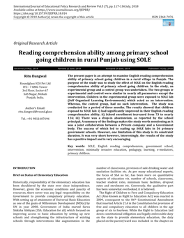 Reading Comprehension Ability Among Primary School Going Children in Rural Punjab Using SOLE