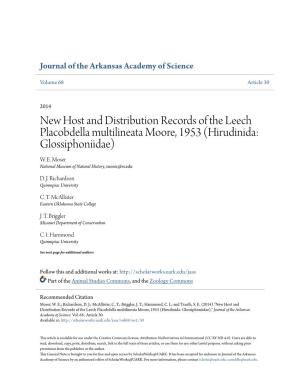 New Host and Distribution Records of the Leech Placobdella Multilineata Moore, 1953 (Hirudinida: Glossiphoniidae) W