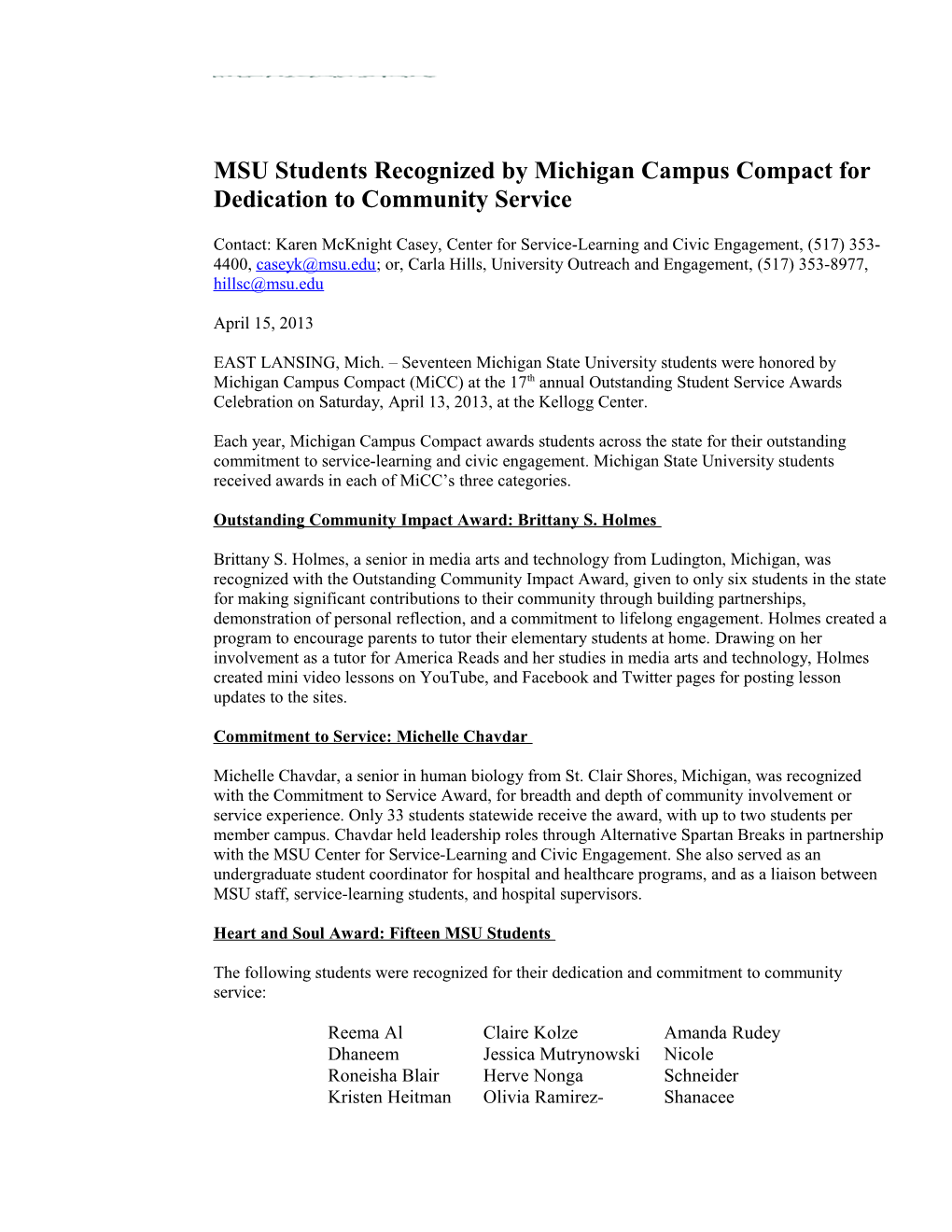 MSU Students Recognized by Michigan Campus Compact for Dedication to Community Service