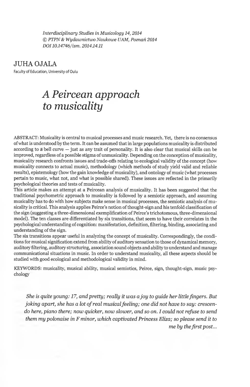 A Peircean Approach to Musicality