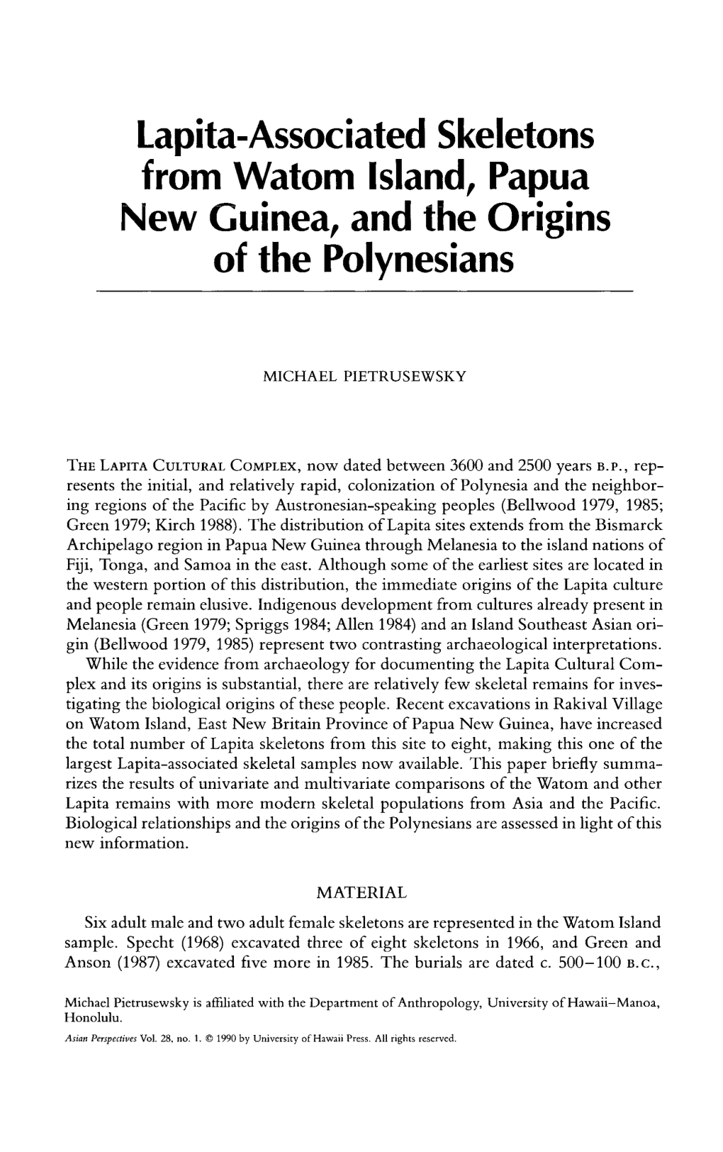 Lapita-Associated Skeletons from Watom Island, Papua New Guinea, and the Origins of the Polynesians