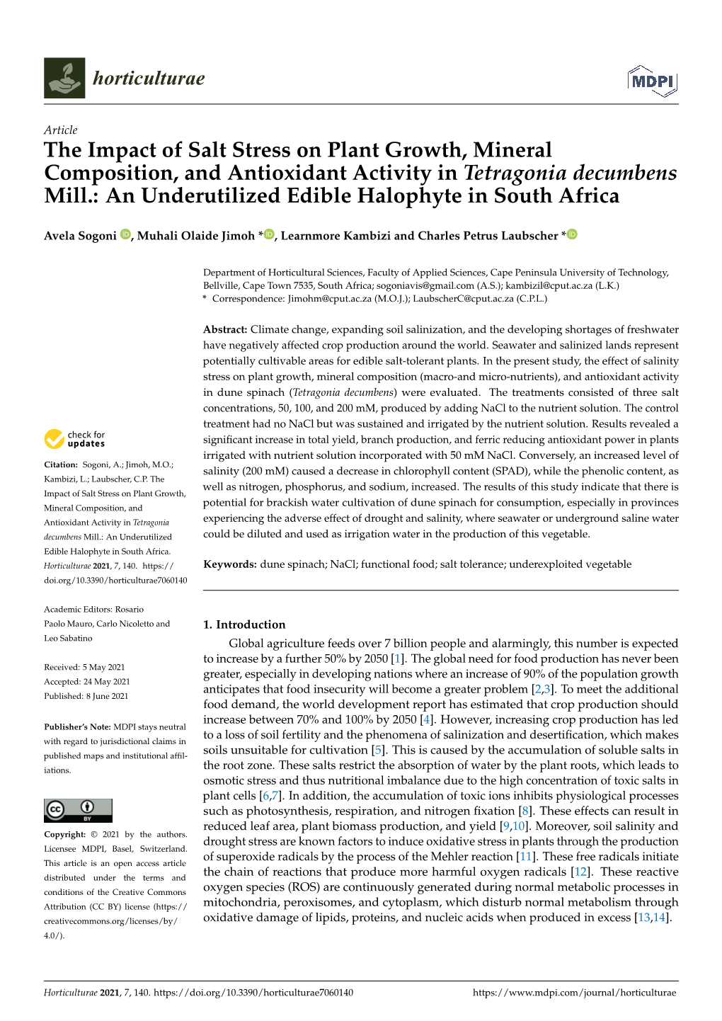 The Impact of Salt Stress on Plant Growth, Mineral Composition, and Antioxidant Activity in Tetragonia Decumbens Mill