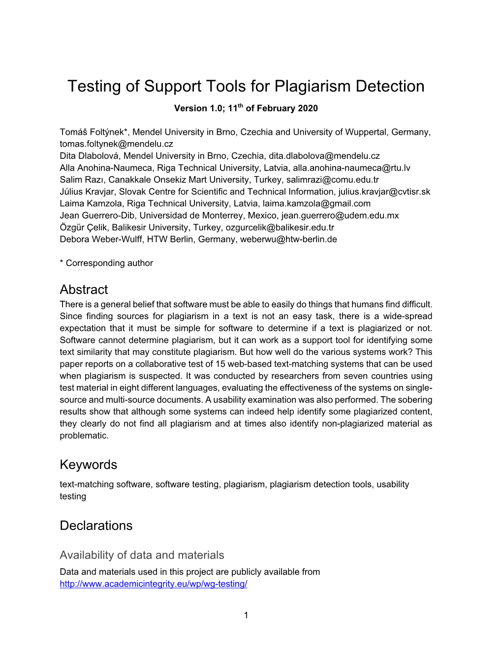 Testing of Support Tools for Plagiarism Detection