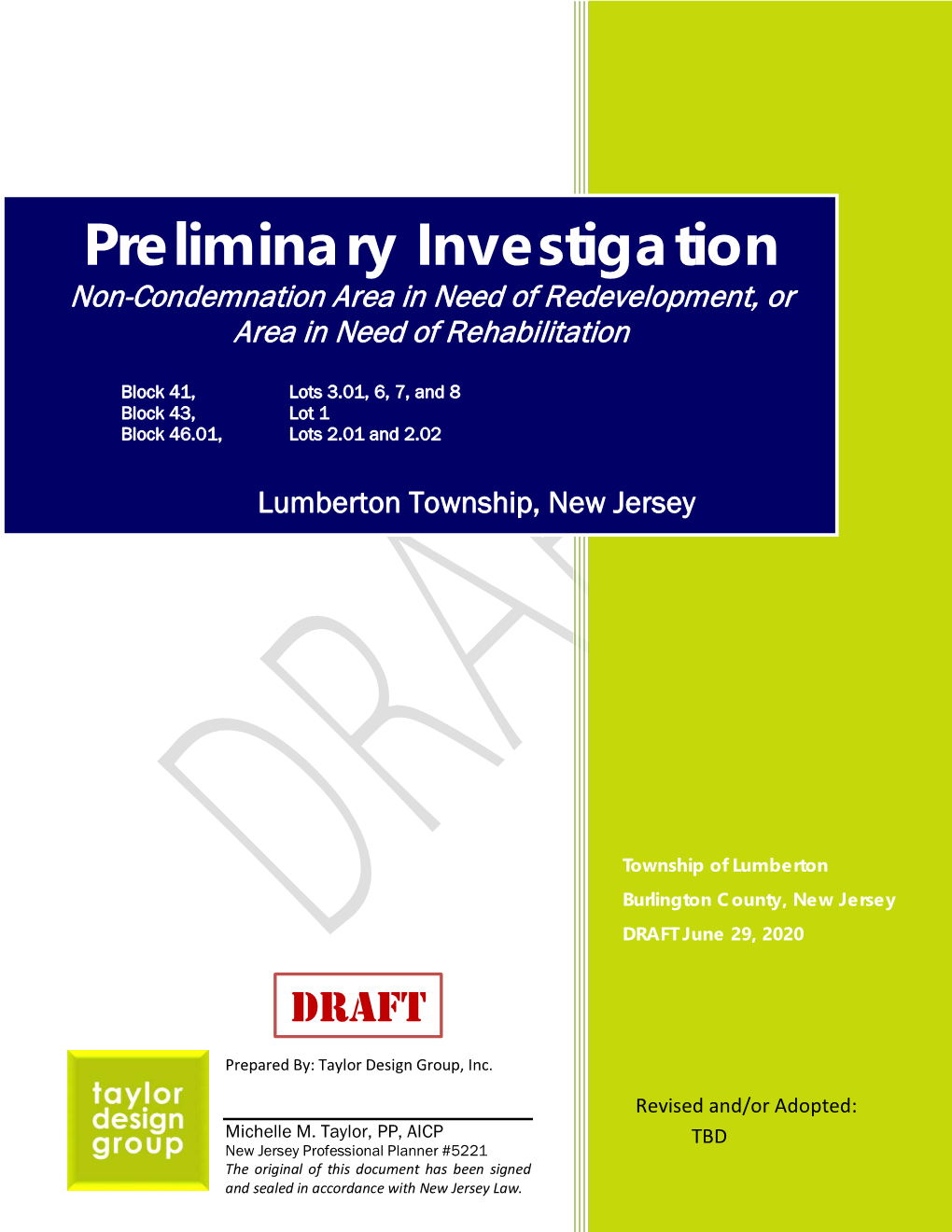 Preliminary Investigation Non-Condemnation Area in Need of Redevelopment, Or Area in Need of Rehabilitation