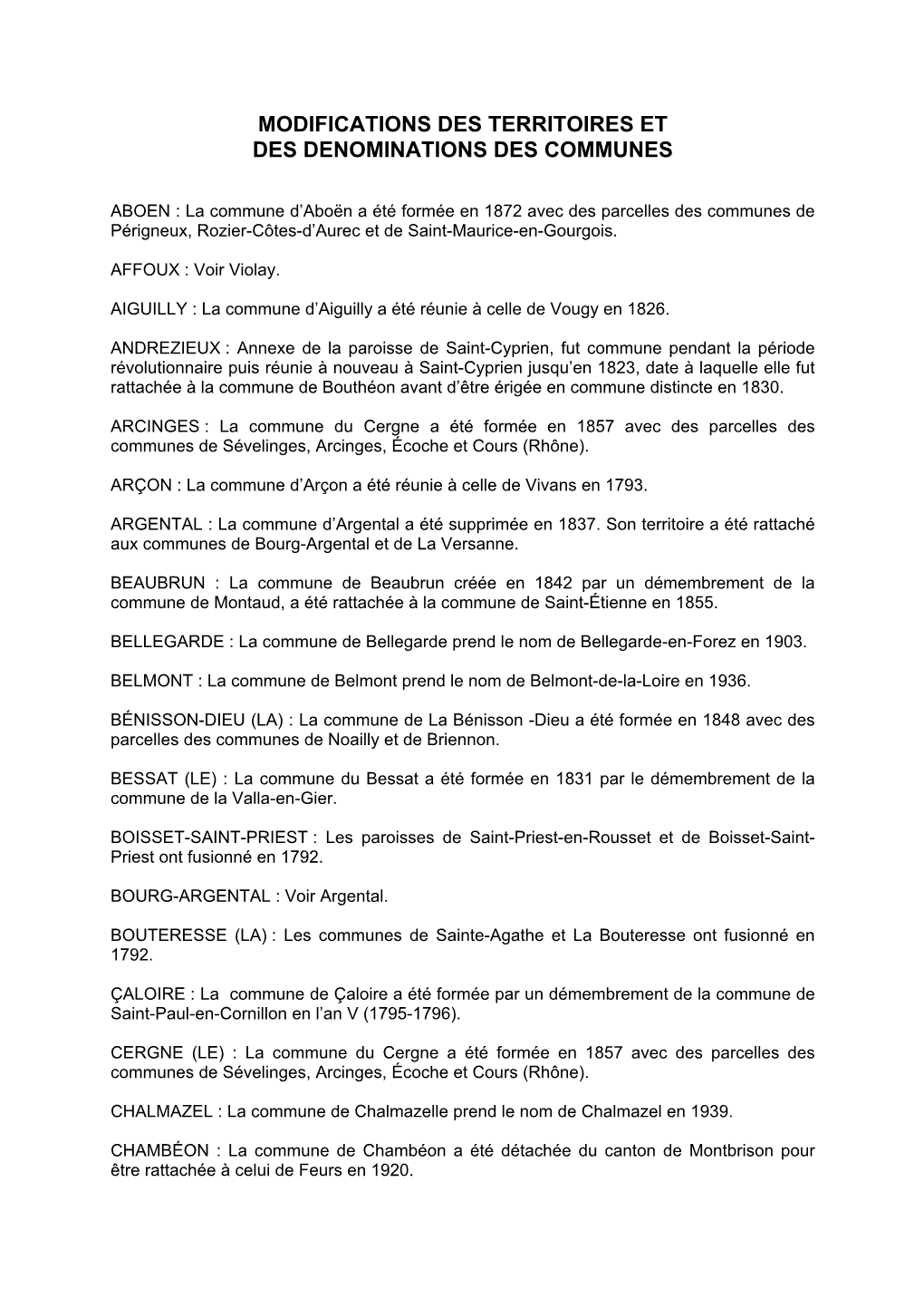 Les Modifications Des Territoires Et Dénominations Des Communes