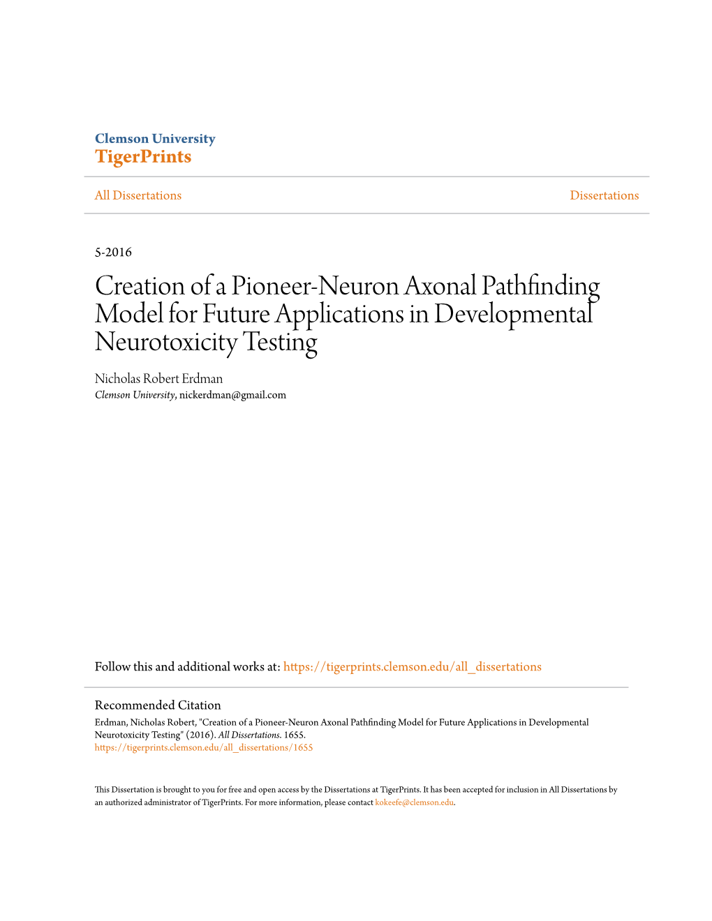 Creation of a Pioneer-Neuron Axonal Pathfinding Model for Future