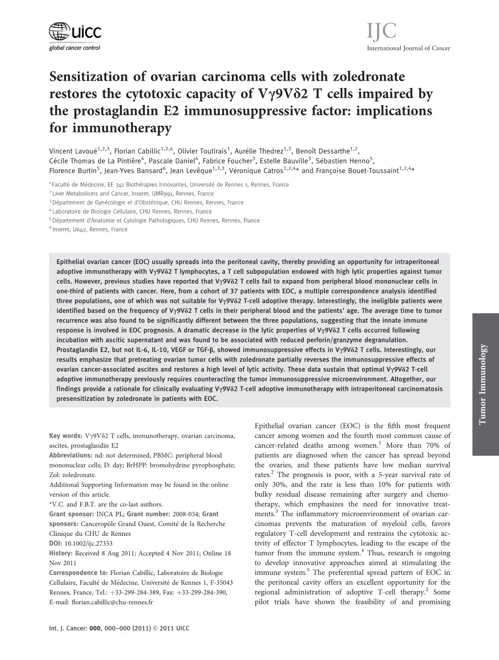 Sensitization of Ovarian Carcinoma Cells with Zoledronate Restores The