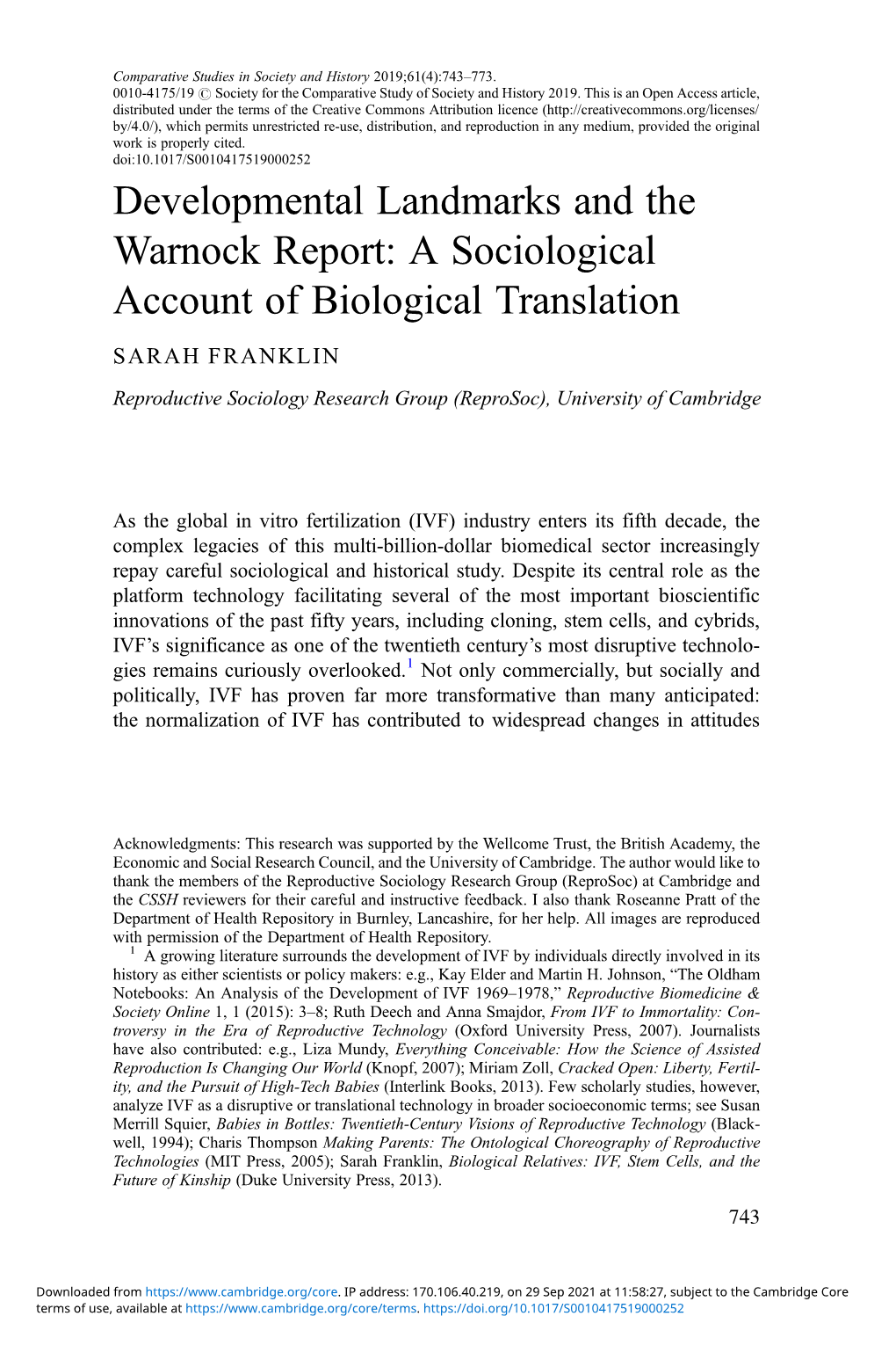 Developmental Landmarks and the Warnock Report: a Sociological Account of Biological Translation