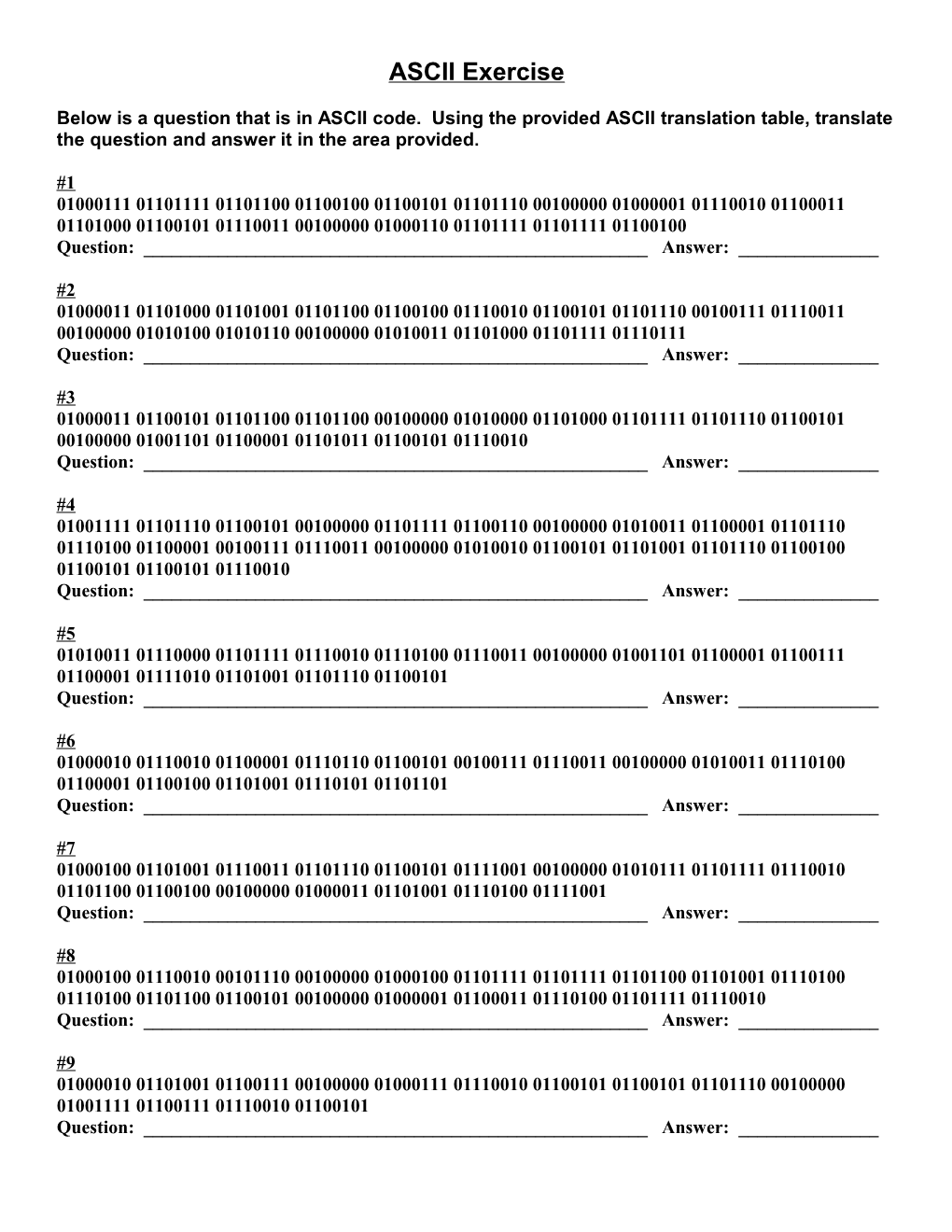 Below Is a Question That Is in ASCII Code. Using the Provided ASCII Translation Table