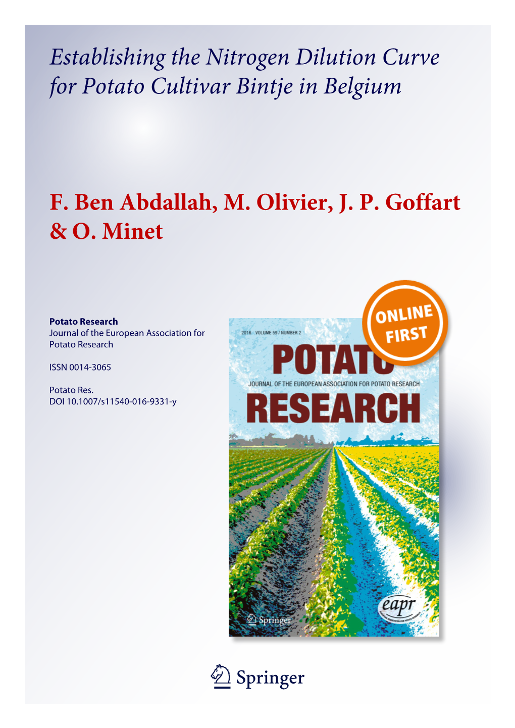 Establishing the Nitrogen Dilution Curve for Potato Cultivar Bintje in Belgium